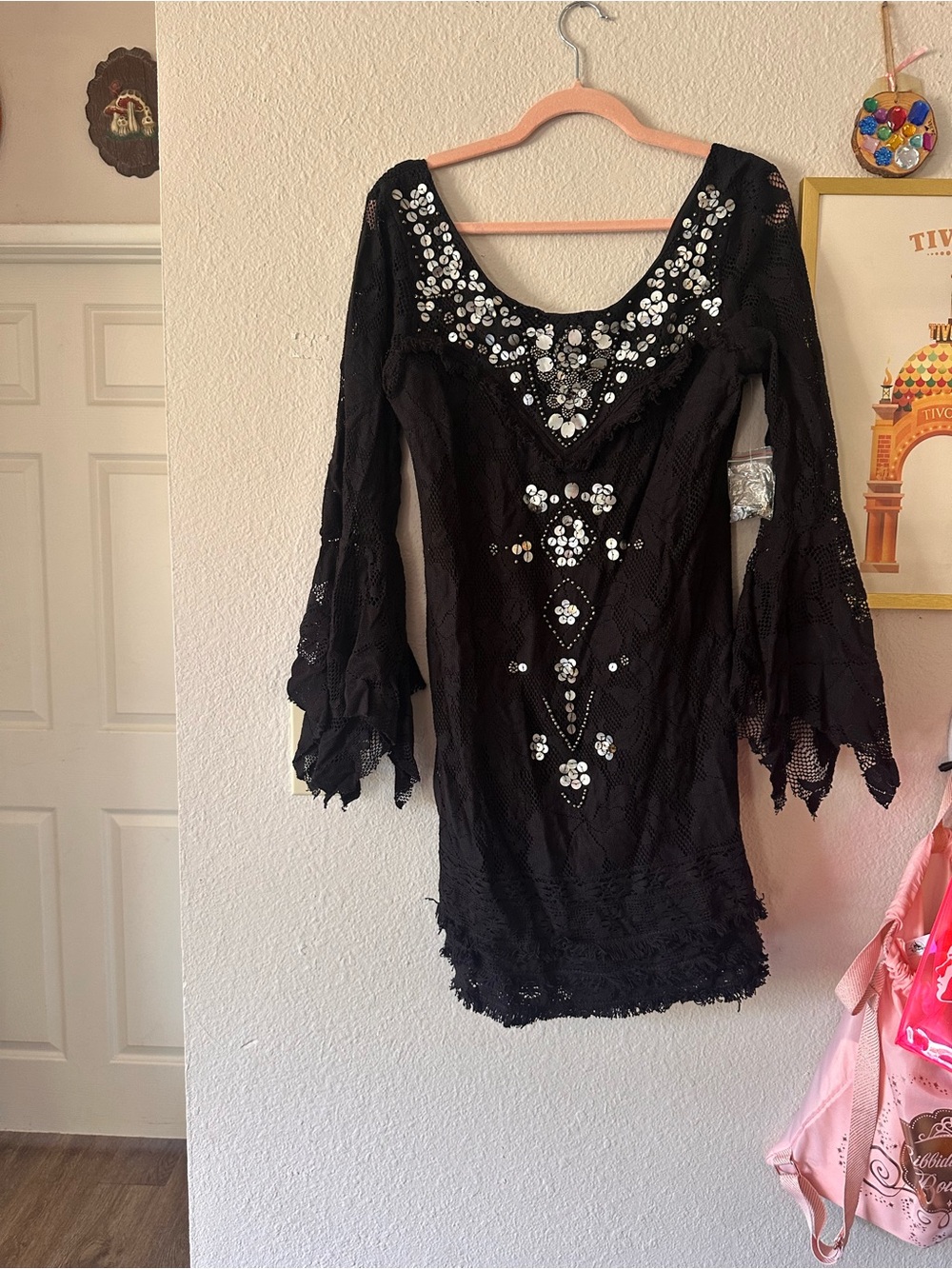 Free People Black Witchy Lace Dress Sequins 10 NWT Missing Hang Tag